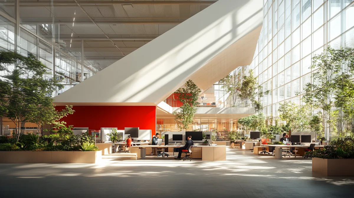 Light-filled, plant-lined workspace at an MCAS client site